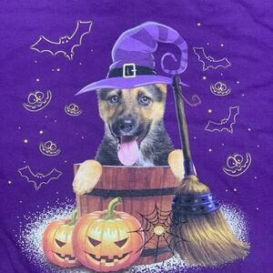 Vintage Halloween T Shirt Spooky Fun German Shepherd Puppy Witches Magic XL. AA